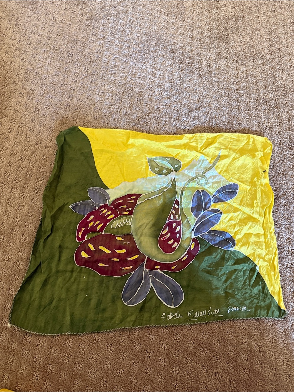 Hand-Painted Botanical Silk Scarf in Yellow, Green and Red